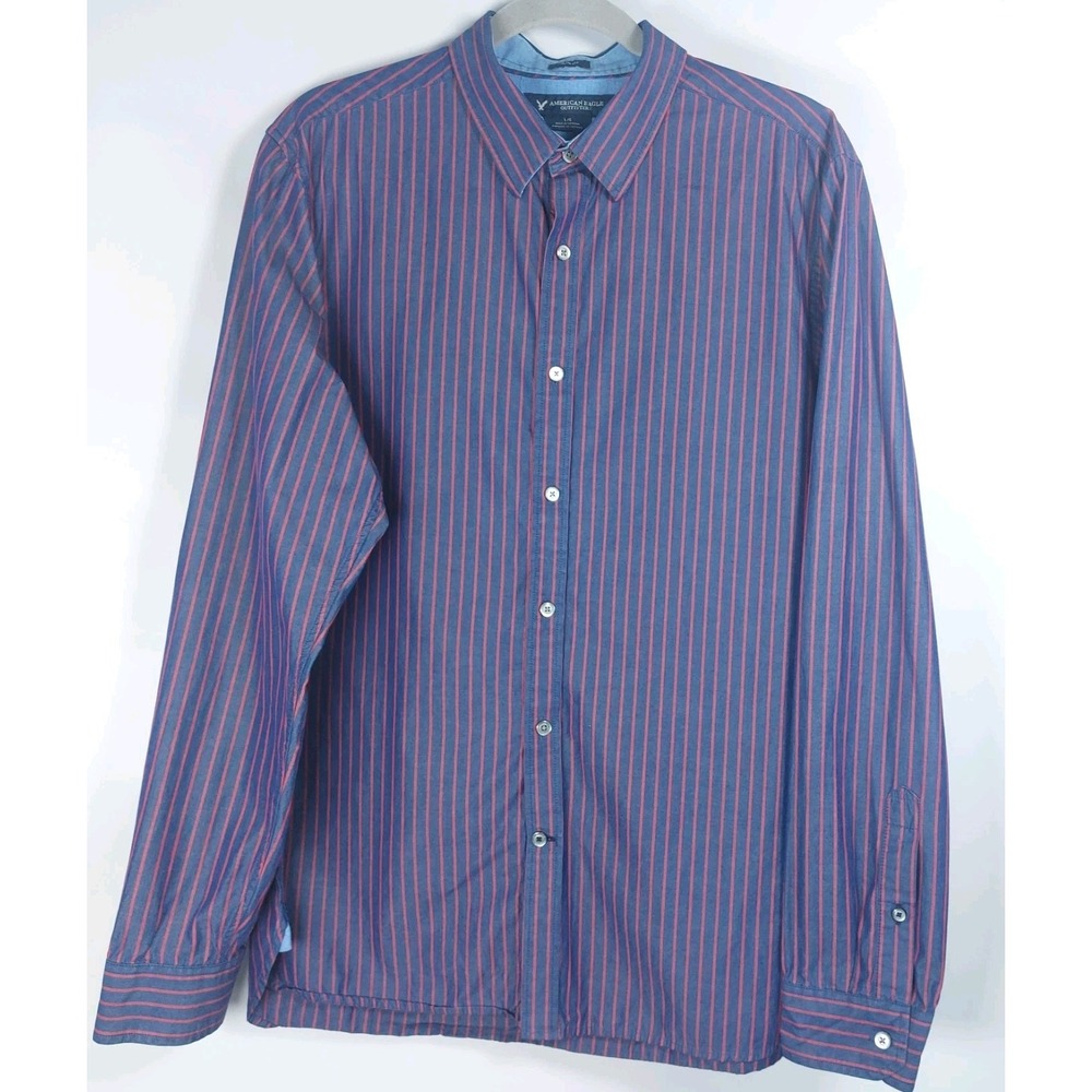 American Eagle Mens Large Long Sleeve Shirt Navy Red‎ Striped Button-Up